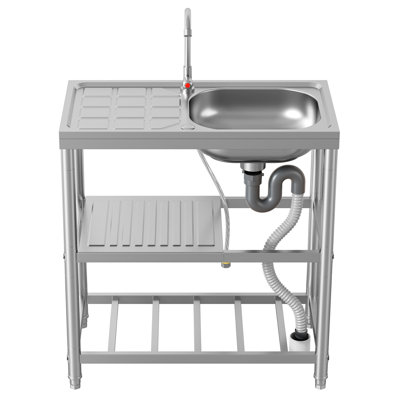 Évier autoportant à 3 niveaux, évier à simple cuve en acier inoxydable, évier de cuisine avec tablette de rangement, égouttoir, robinet, lavabo de camping pour usage commercial à domicile 29,53 x 15,75 po