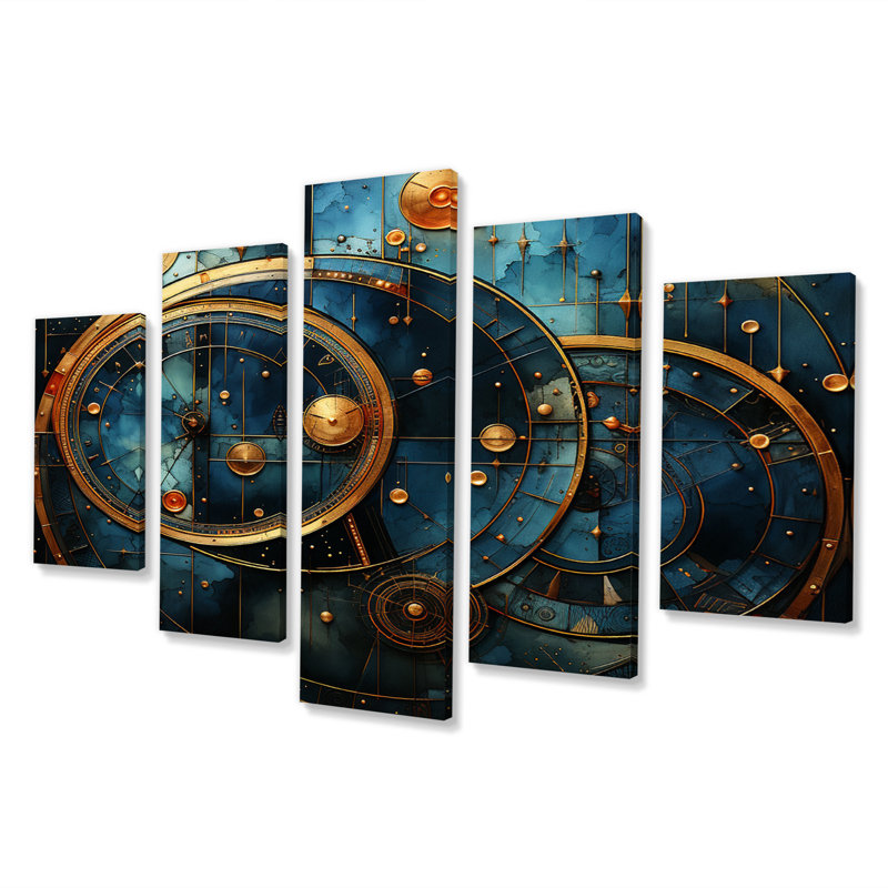  «Visionary Geometric In Teal and Gold III - Modern Geometric Canvas Art Print - 5 Panels