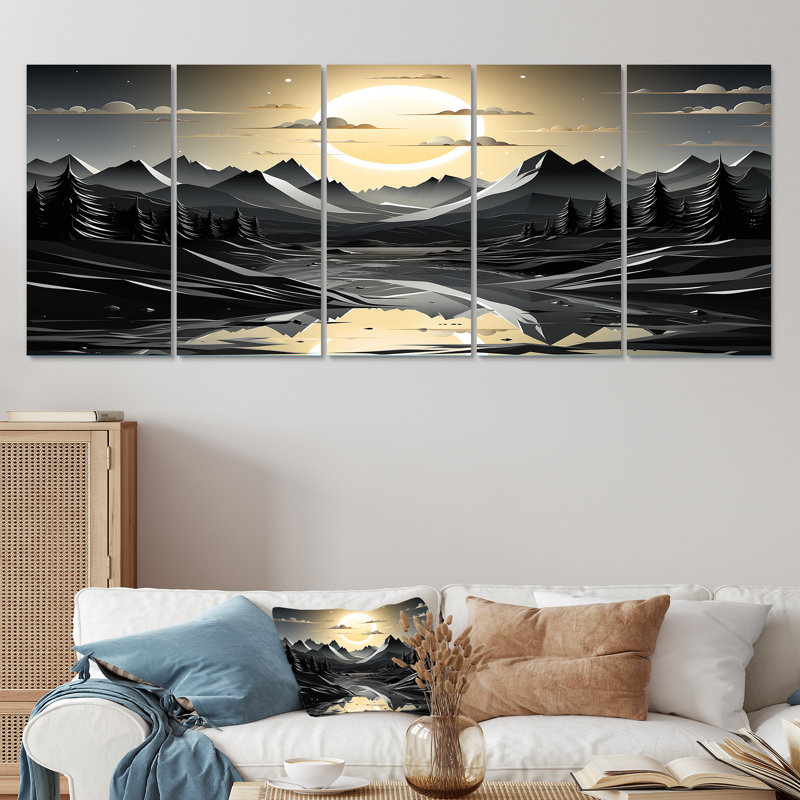 Silhouette de lune, paysage de montagnes, ensemble d'art mural 5 pièces, H 28 po x l 60 po
