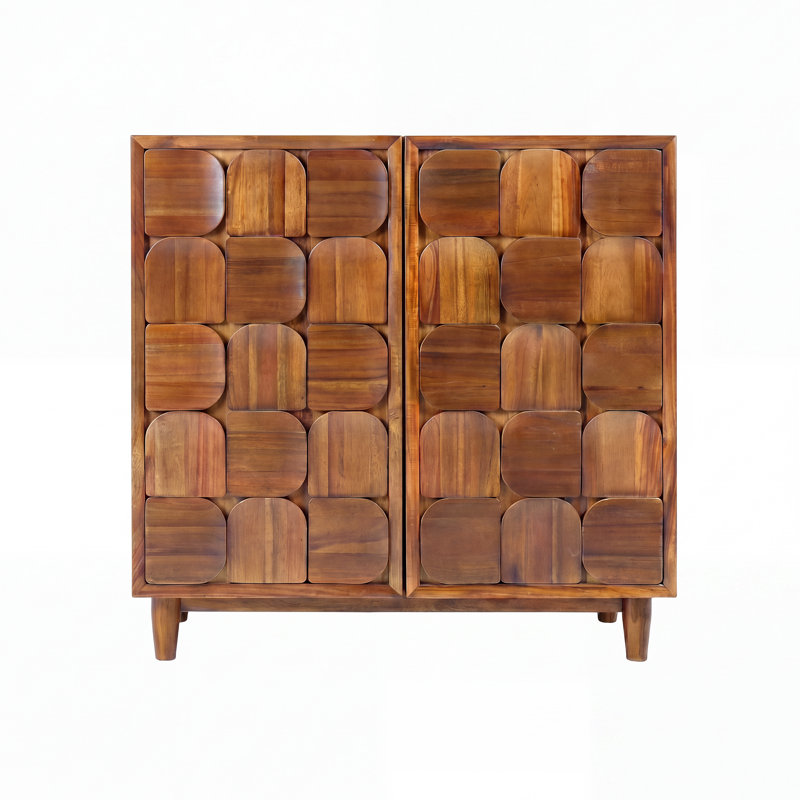 Meuble d'appoint géométrique à 2 portes en bois d'acacia de style Mid-Century avec étagères réglables, Brun