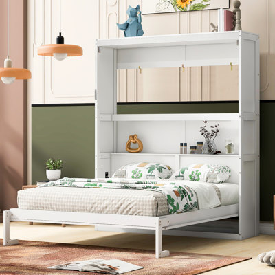 Grand lit blanc avec tablettes - pliable dans l'armoire, convient à la chambre d'amis, matelas confortable pour bureau à domicile, support