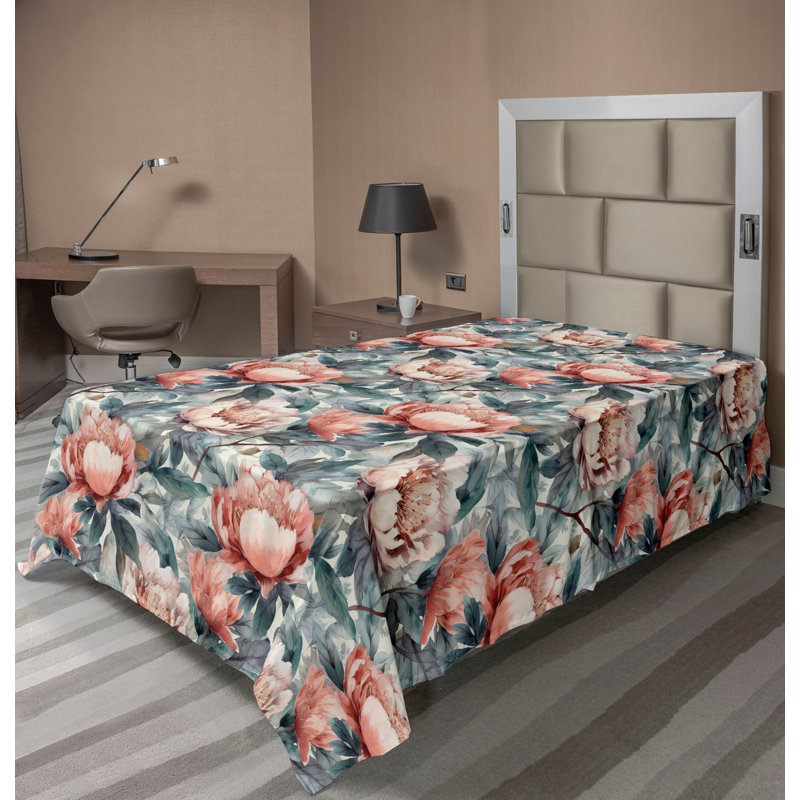 Ambesonne Flowers Flat Sheet Nostalgia Farmhouse, Coral Slate Blue Peach