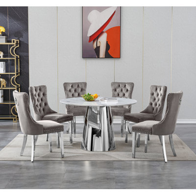 Dining Table Set, 45" Round Marble Dining Table with Velvet Dining Chairs, Circle Kitchen Table Set with Base, Dining Room Table and Chairs Set