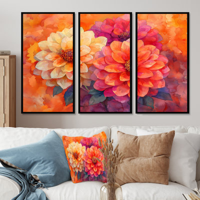 «Sunset Hues» Vivid Dahlia Vision II - art mural sur toile Dahlia - 3 panneaux
