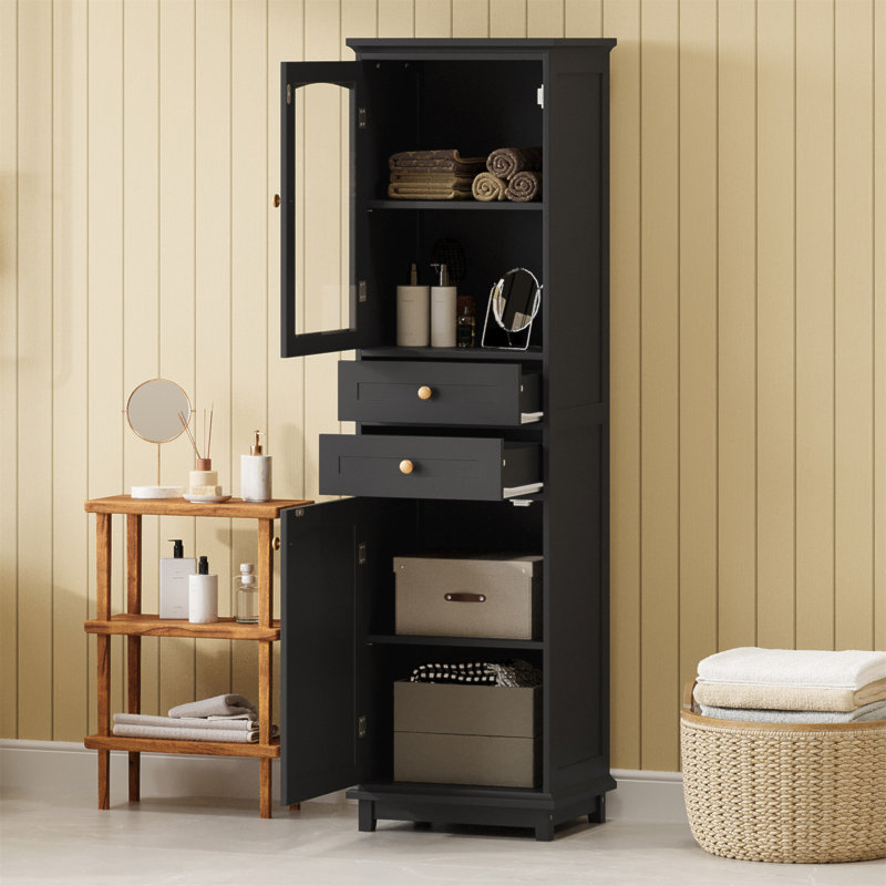 Grande armoire de rangement pour salle de bain avec portes en verre, autoportante, deux tiroirs et tablettes réglables, panneau de fibres à densité moyenne, peint en noir - parfaite pour exposer vos objets préférés