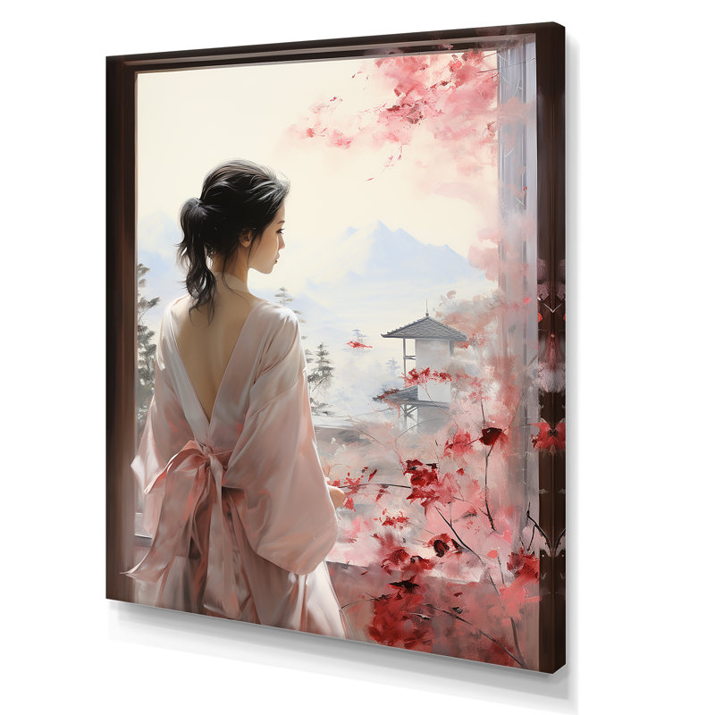 Arbre rose, femme japonaise vue de fenêtre III - Japon, art mural, Toile tendue, H 44 po x l 34 po x P 1,5 po