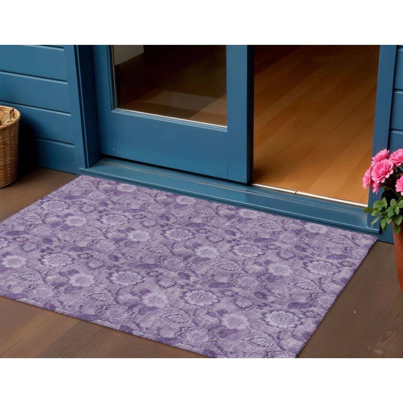 3' X 5' Plum And Purple Floral Washable Indoor Outdoor Area Rug