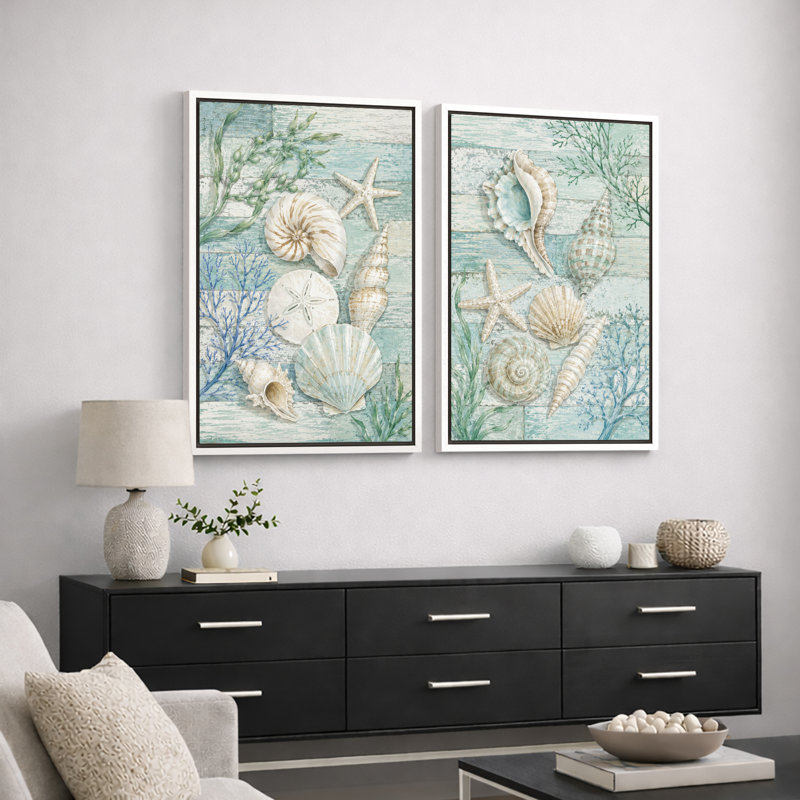«Turquoise Seashell Coral Coastal», impression sur toile encadrée, impression sur toile, 2 pièces, Cadre blanc