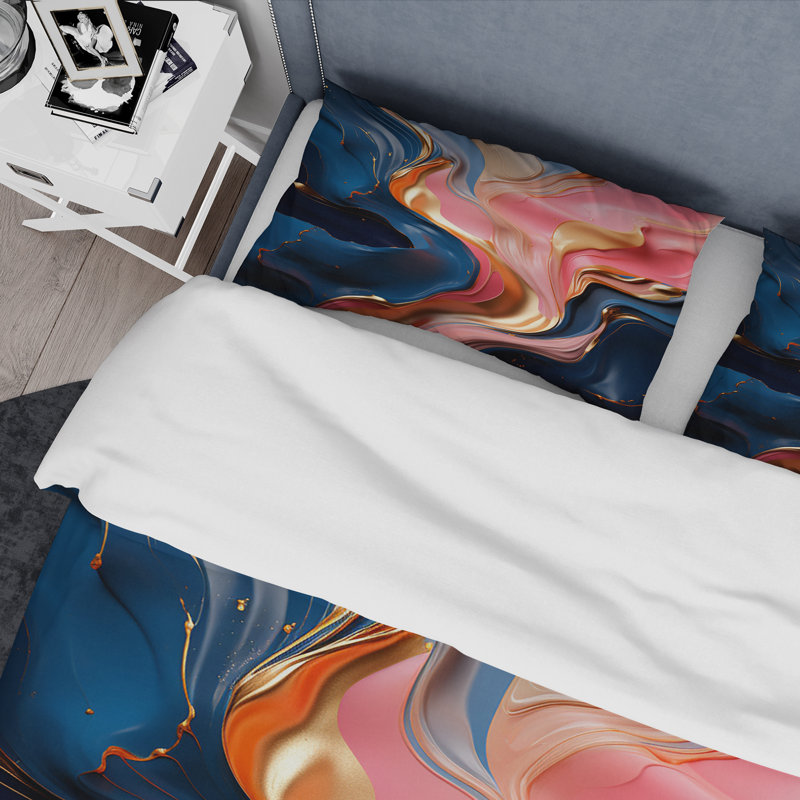 Ensemble de housse de couette à encre liquide rose et or, Housse de couette simple + 1 taie décorative stan