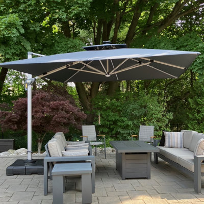Outdoor 12FT Double Top Square Deluxe Lighted Cantilever Umbrella With Base,Gray