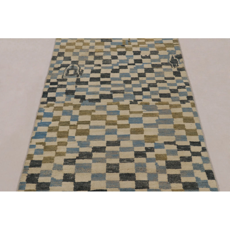 Moroccan Hand Knotted Abstract Area Rug, Runner 3' x 10'