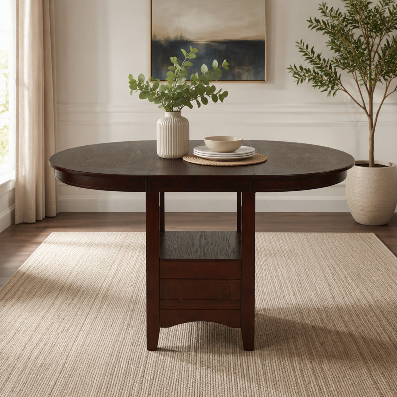 Table de salle à manger ronde, hauteur du comptoir, avec tablette, 1 pièce (table seulement), bois massif, fini brun rosé foncé