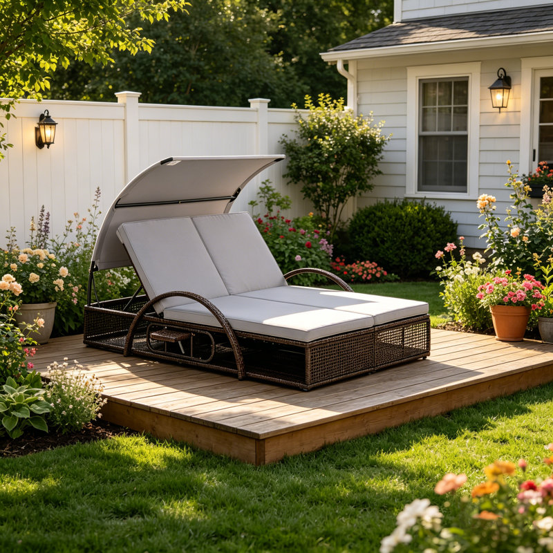 Double méridienne extérieure réglable à 5 positions avec table d'appoint cachée, chaise longue de patio à structure en acier pour piscine et jardin