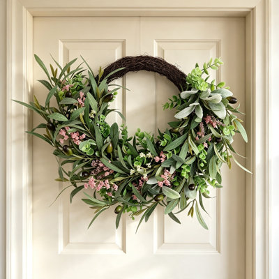 Couronne artificielle de 20 po en feuille d'olivier et en eucalyptus pour la porte d'entrée, couronne de fausse ferme pour la décoration intérieure et extérieure