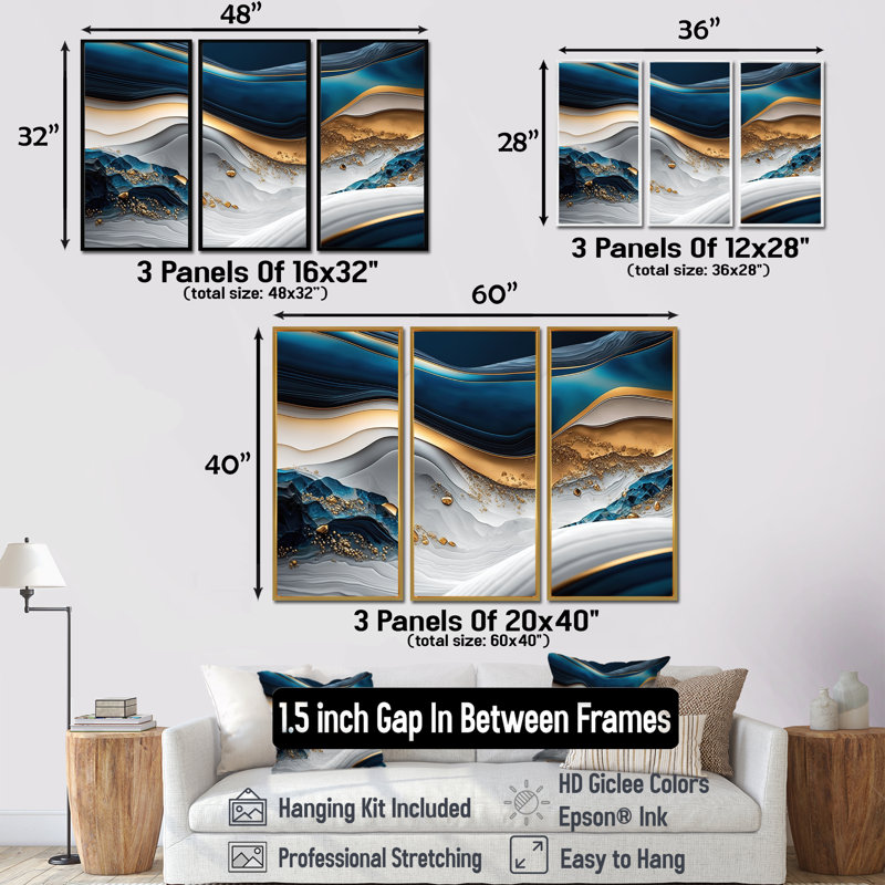 «Abstract Geode Waves Blue II», reproduction sur toile 3 pièces, Cadre flottant brun, H 40 po x l 60 po x P 1 po