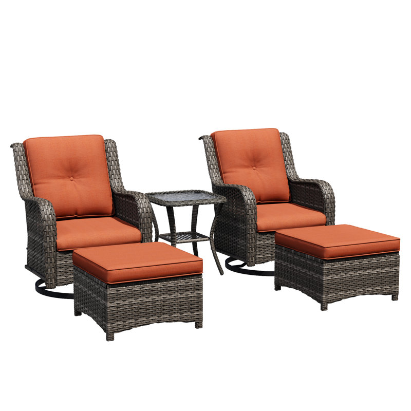 Osage 5-Piece Outdoor Swivel Glider Set with Cushions, Ottoman & Side Table, Orange