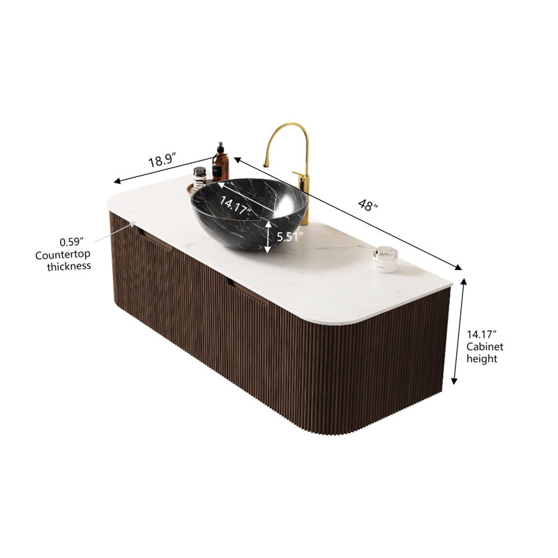 Meuble-lavabo de salle de bain 122 cm avec lavabo, mural, 2 tiroirs, noyer foncé, armoire à rayures 3D sur trois côtés, lavabo en céramique, installation facile, lavabo mural et lavabo noir à motif pierre, contreplaqué, rayures