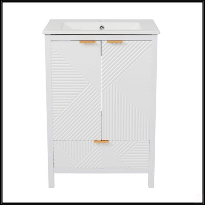 Meuble-lavabo moderne de 24 po avec lavabo, trou de robinet simple, panneaux de porte texturés, tiroir et grand espace de rangement, pieds en pin, charnières à fermeture en douceur