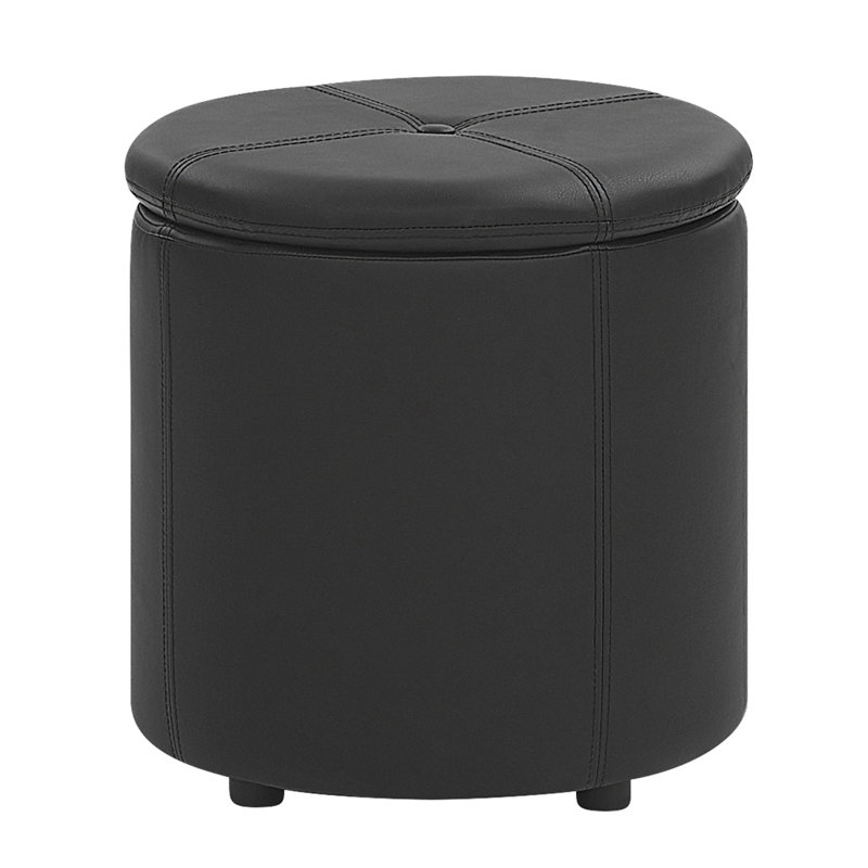 Ahsen 38cm Wide Faux Leather Tufted Round Pouf Ottoman with Storage, Black