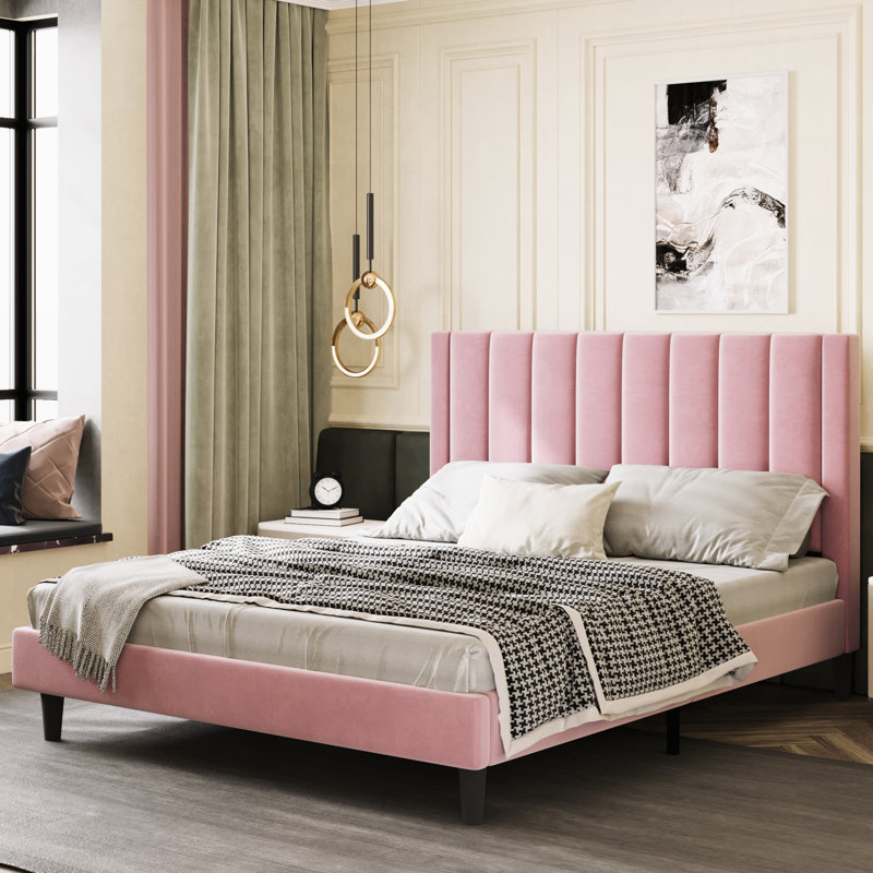 Lit plateforme tapissier Ozella - Aucun sommier requis, assemblage facile, Rose, Lit double