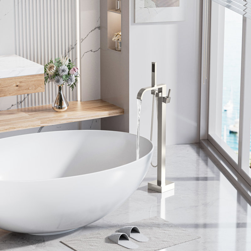 34" Floor Mount Freestanding Bathtub Faucet With Handheld Shower, Brushed Nickel, 304 Stainless Steel, CUPC Certified Ceramic Valve, Waterfall Spout, 2-In-1 Dual Function