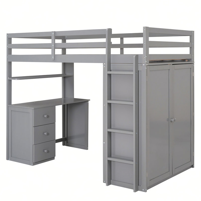 Lit mezzanine avec tiroirs, bureau et garde-robe, gris