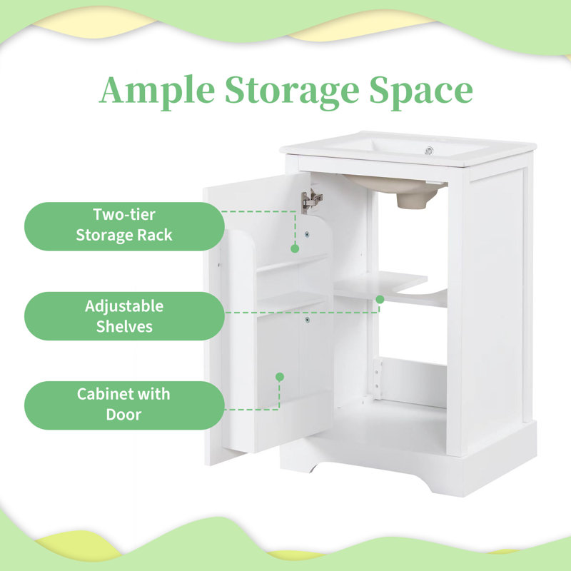  Meuble-lavabo de 20 po avec lavabo, armoire à fermeture douce avec supports de porte et tablette réglable, blanc, Blanc