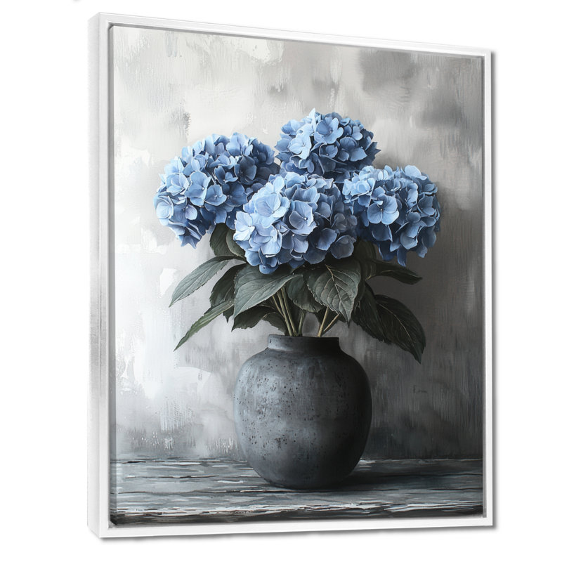 Hortensia dans un vase monochrome I - décoration murale hortensia, Reproduction avec cadre flottant, H 20 po x l 12 po, Blanc