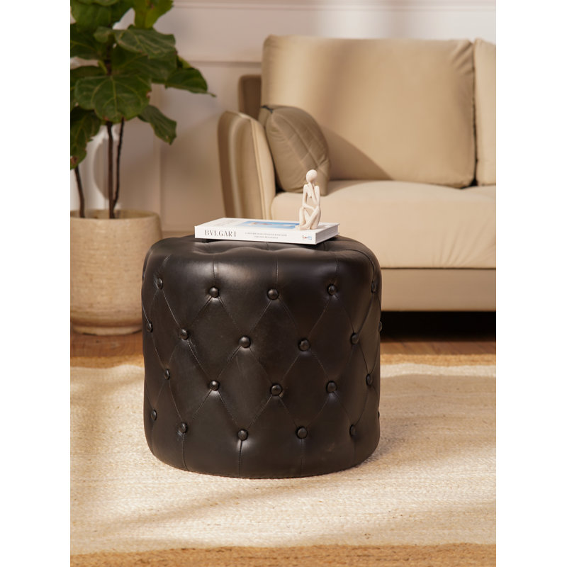 Handmade Eco-Friendly Solid Handmade Wood & Leather Round Ottomon, 21" H x 22.5" W x 22.5" D, Black Genuine Leather