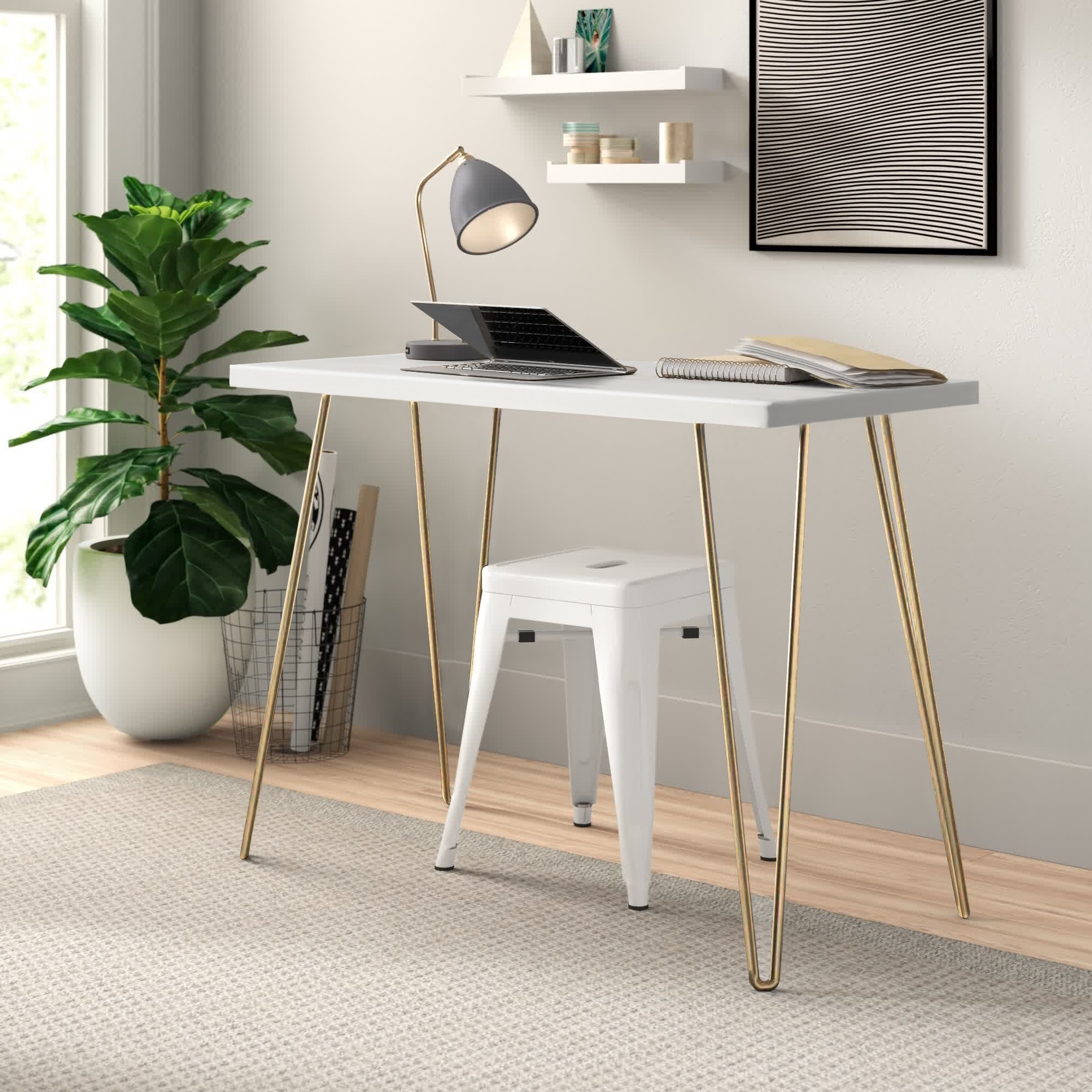 Holf L-Shaped Modern Office Executive Desk of Right Hand with Storage in White & Gold