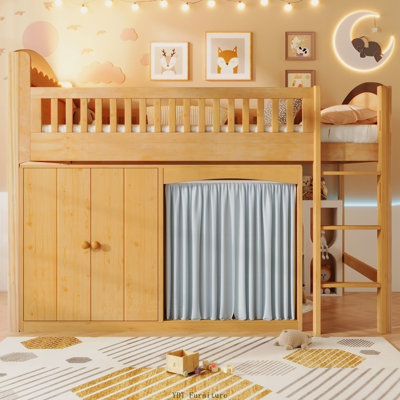 Lit mezzanine double avec armoire de rangement, garde-robe et DEL | Couleur du bois + espresso