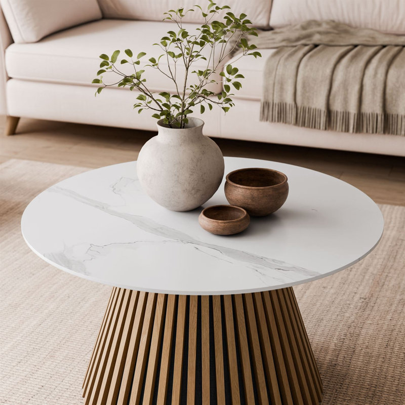 Pedestal Coffee Table, White Fake Marble, Marble