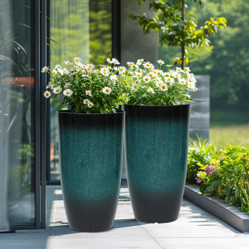 23.5" Faux-Ceramic Tall Planters, Weather-Resistant for Outdoor/Indoor Use, Gradient Turquoise
