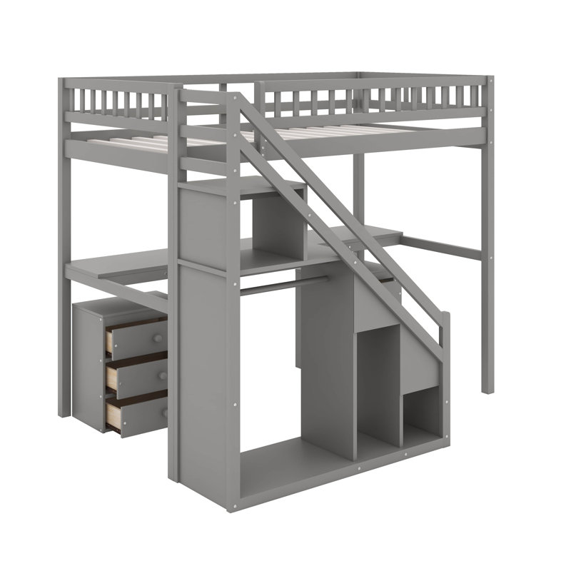 Lit mezzanine simple avec deux commodes, bureau et bande lumineuse, Simple, gris