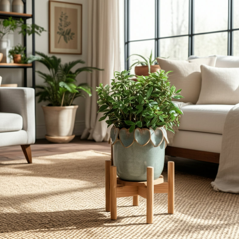 Modern Leaf Accent Round Ceramic Outdoor Planter for Home Decor - Applique Indoor Flower Pots for Living Room and Patio Styling - Seafoam