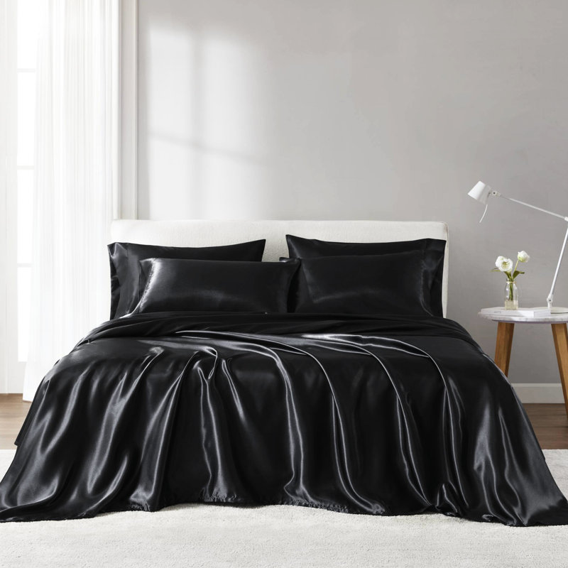 Ensemble de 7 draps de luxe en satin noir très grand divisé, froissés, doux pour la peau et les cheveux, frisottis, 1 drap plat, 2 draps-housses, 4 taies d'oreiller