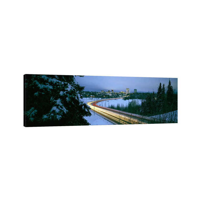 Autumobile Lights on Busy Street, Distant City Lights, Frozen Westchester Lagoon, Anchorage, Alaska, USA 1 Piece Wrapped Canvas Panoramic Wall Art