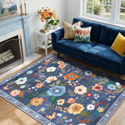 Motif floral 4 x 6 tapis lavable imprimé boho tapis mignon antidérapant fleur bas pour salon chambre cuisine bureau ferme-bleu / gris