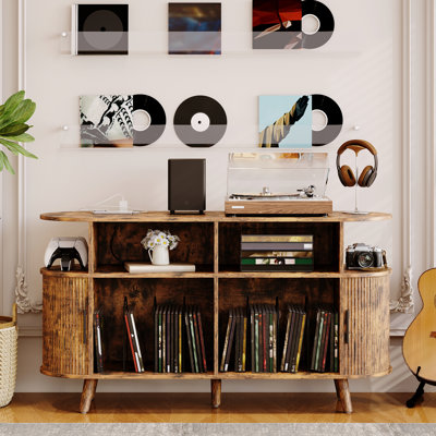 Armoire tourne-disque cannelée de 55 pouces de style Mid-Century avec station de chargement en vinyle et ports USB pour la chambre à coucher