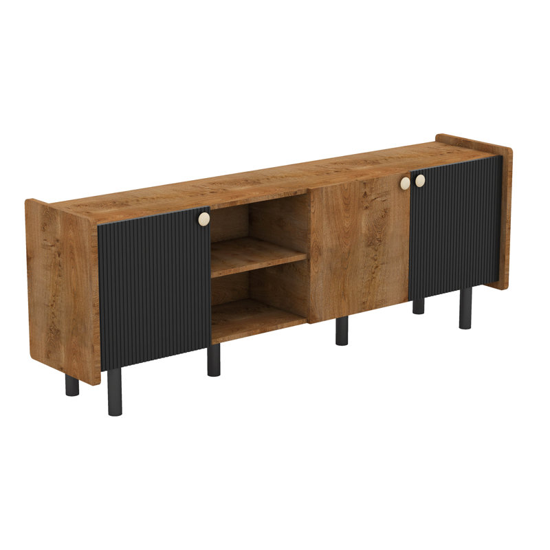 Meuble télé Mid-Century avec 3 armoires, panneau supérieur et poignée, Brun / Noir