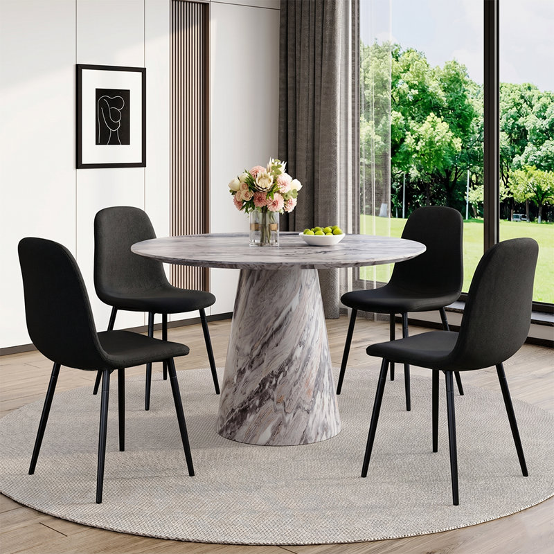 45'' Round Dining Table Set With 4/6 Upholstered Chairs, 5 Pieces: Table, 4 Chairs