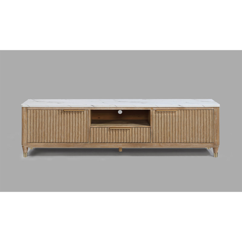 1pièce façade en bois cannelé de luxe moderne et élégant avec plateau en faux marbre blanc et accents de couleur laiton avec pieds fuselés