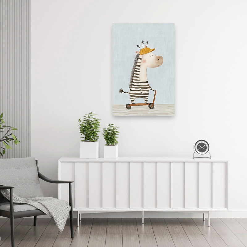 Mignon zèbre sur un scooter ludique et contemporain, H 36 po x l 24 po