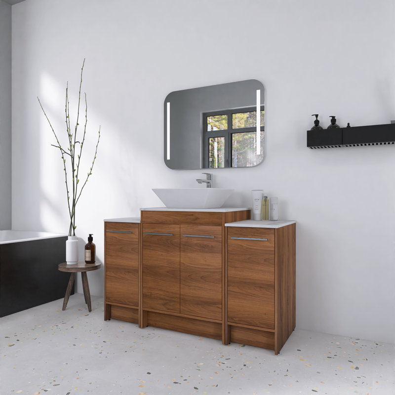 Meuble-lavabo autoportant de 48 pouces avec lavabo vasque en céramique blanche et 4 portes d'armoire à fermeture en douceur