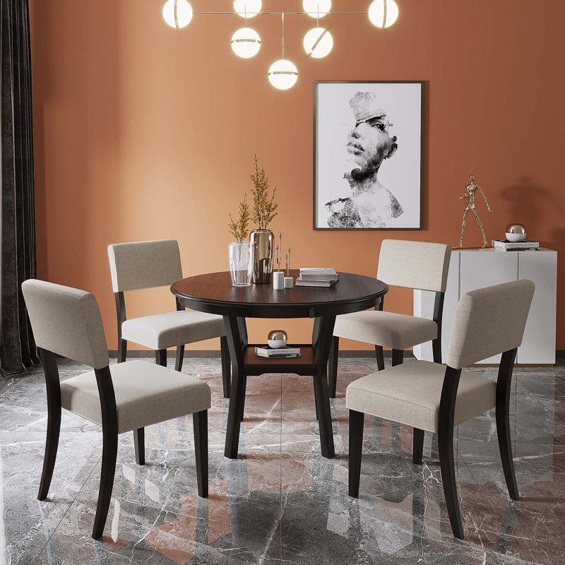 5-Piece Kitchen Dining Table Set Round Table With Bottom Shelf, 4 Upholstered Chairs For Dining Room