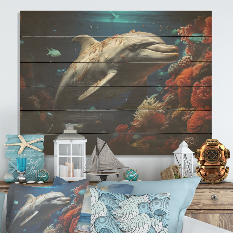 Dauphin éternel dansant I - Art mural en bois de dauphin sur bois de pin naturel, H 30 po x l 40 po