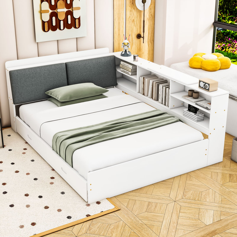 Lit plateforme double en bois avec tête de lit tapissier et tablettes intégrées, Blanc