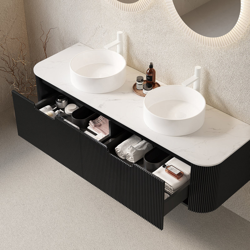 Meuble-lavabo mural flottant avec lavabos, armoire de rangement, tiroirs et lavabos en céramique, idéal pour l'organisation et le style de la salle de bain