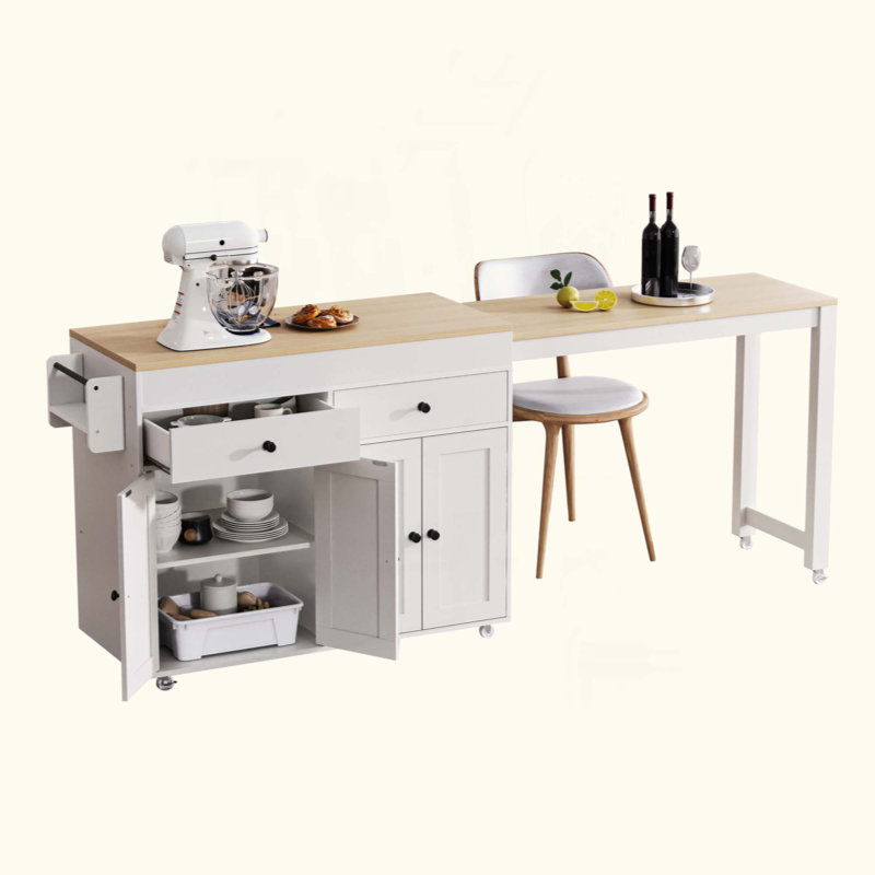 Kitchen Island With Extendable Dining Table , Rolling Kitchen Island On Wheels With Spice Rack And 2 Drawers, 4 Door Cabinet, For Kitchen, Dining Room