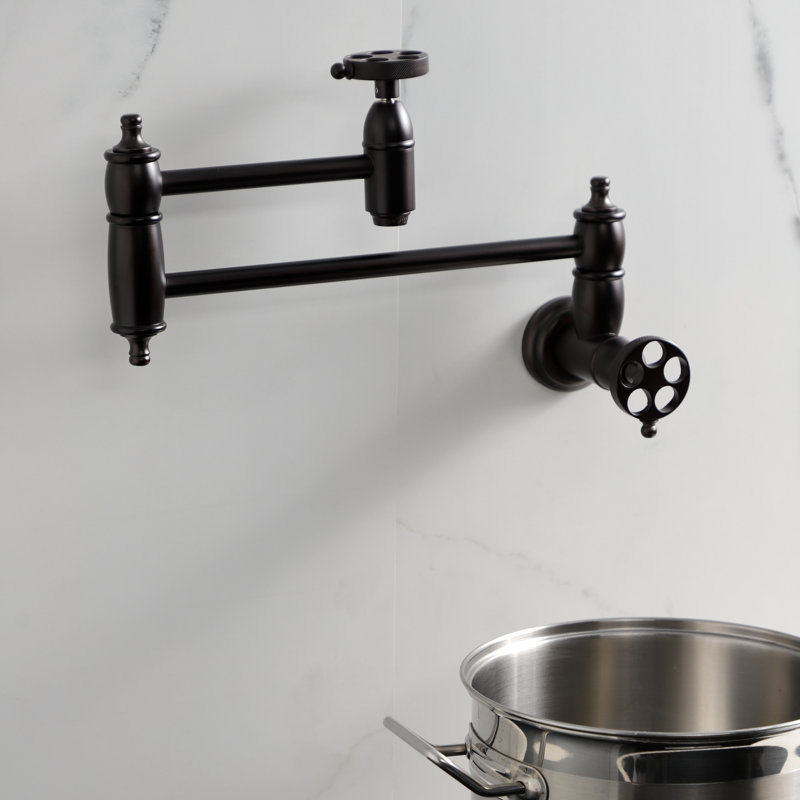 Kingston Brass Wendell Two-Handle 1-Hole Wall Mount Pot Filler Faucet with Knurled Handle, Oil Rubbed Bronze